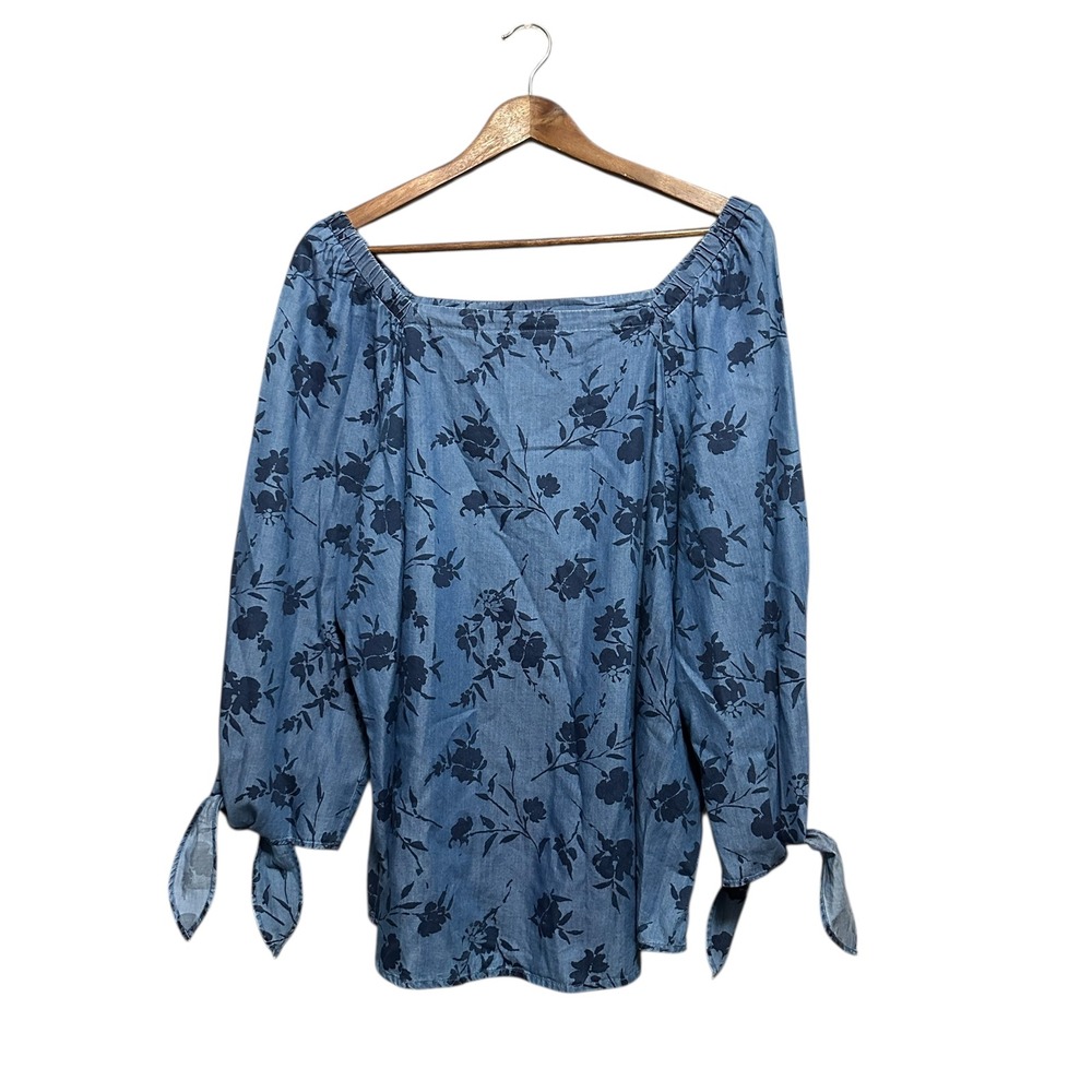 Liz Claiborne XL Blue Floral Print Long Sleeve Off Shoulder Blouse Top